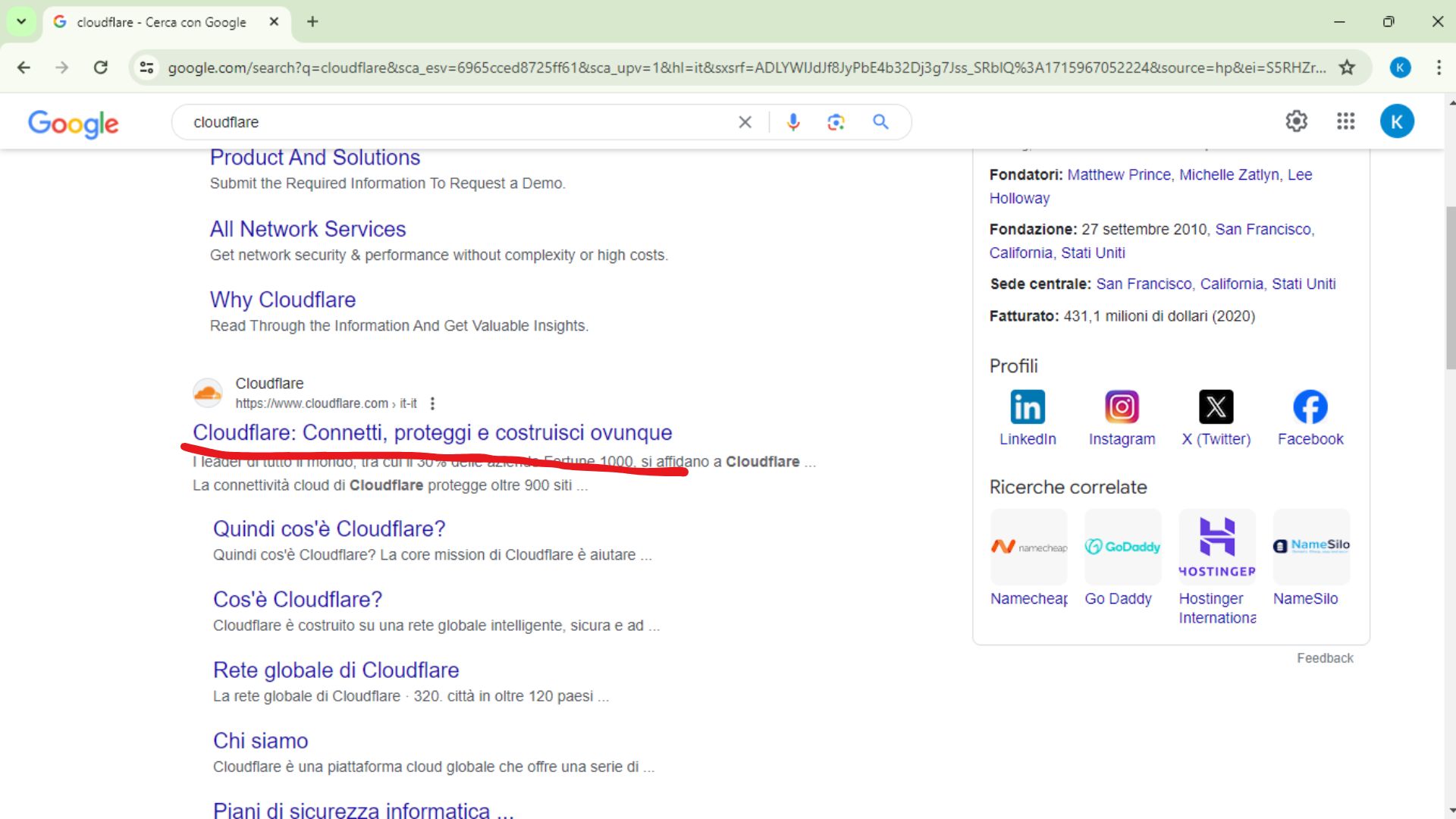 Sito di cloudflare dopo averlo caercato su google