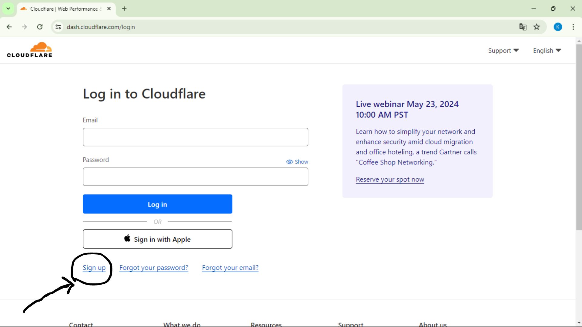 Accesso alla pagina di login di clodflare cliccare il signup per accedere al sito