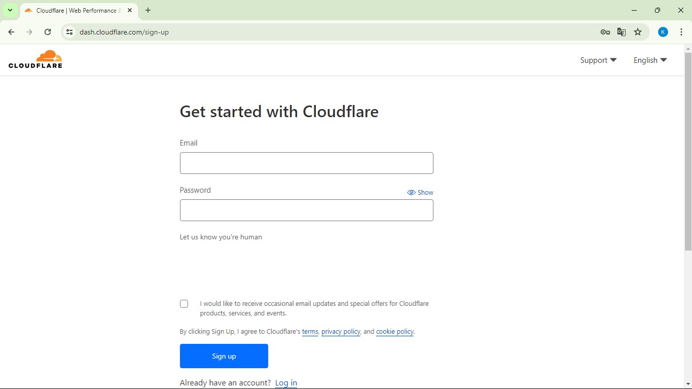 Accesso alla pagina di signup di clodflare, inserire le credenziali